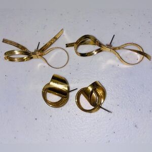 Set 2 gold tone curled ribbon bow earrings and retro 80s love knot interlocked